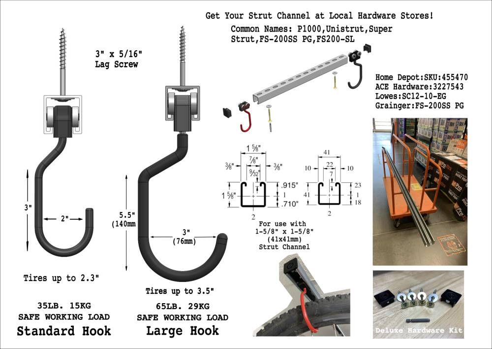 Dimensions of standard and large Unistrut ceiling trolley hooks