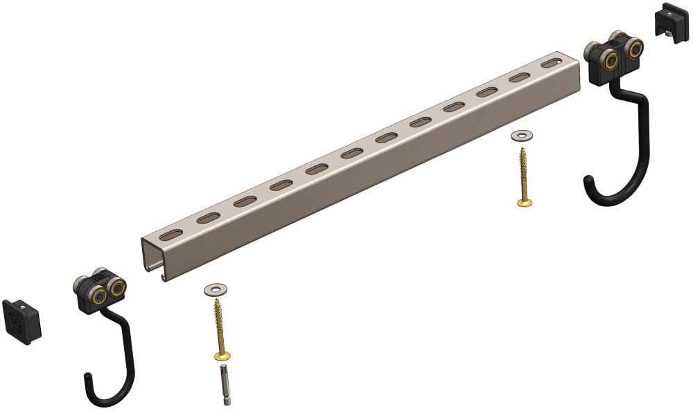 expanded view of strut channel, sliding hooks and endstops.