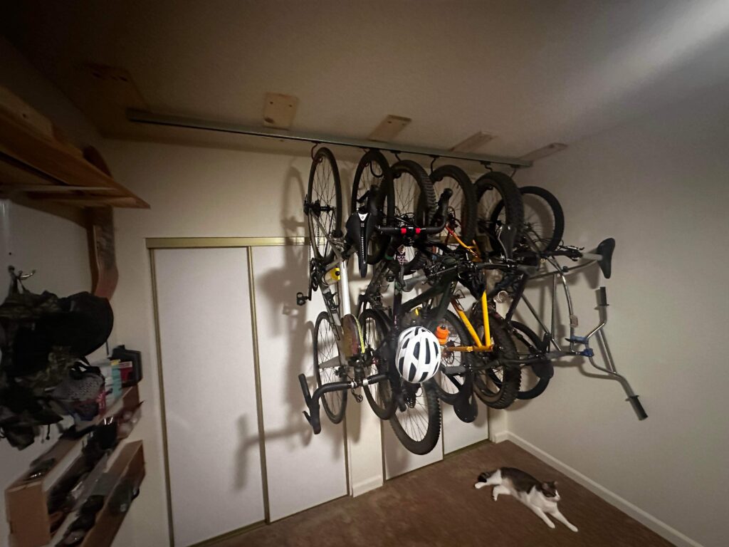 Single strut with hanging bikes in front of closet with standard large and fat tire hooks.