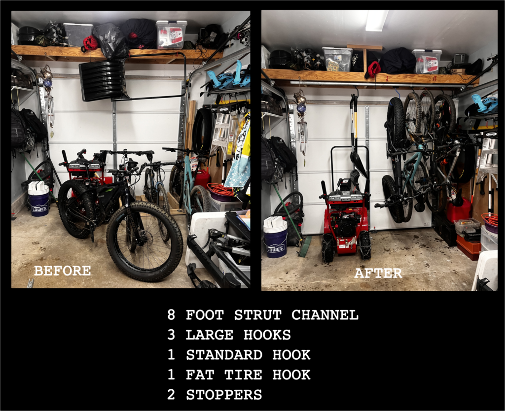 Single Strut with hanging bikes in front of a garage door.