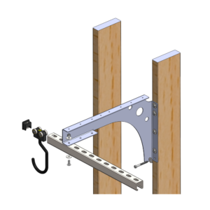 Wall mount bracket expanded view with end stopper, large sliding hook, Unistrut, low profile mounting hardware, mounted on wooden stud with 5/16" lag screws and washers.