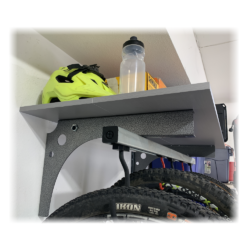 Wall Mount bracket for sliding bike storage rack with shelf.