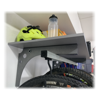 Wall Mount bracket for sliding bike storage rack with shelf.